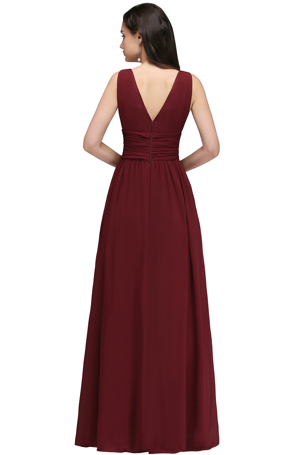 Elegant Long A Line V Neck Sleeveless Ruffles Floor Length Bridesmaid Dresses - YESBABYONLINE