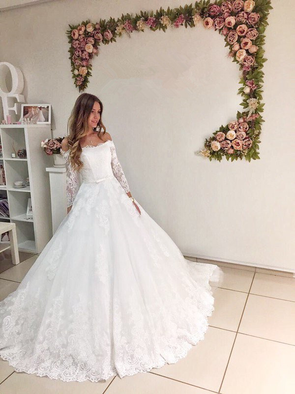 Long Ball Gown Off the Shoulder Lace Wedding Dress with Sleeves - YESBABYONLINE