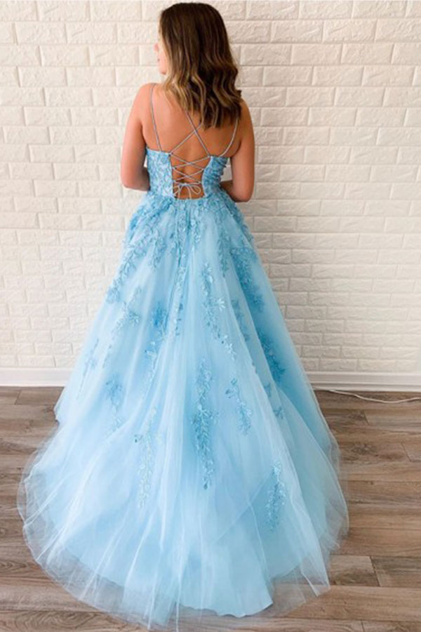 Elegant Long A-line Spaghetti Strap Strapless Backless Applique Lace Prom Dresses - YESBABYONLINE