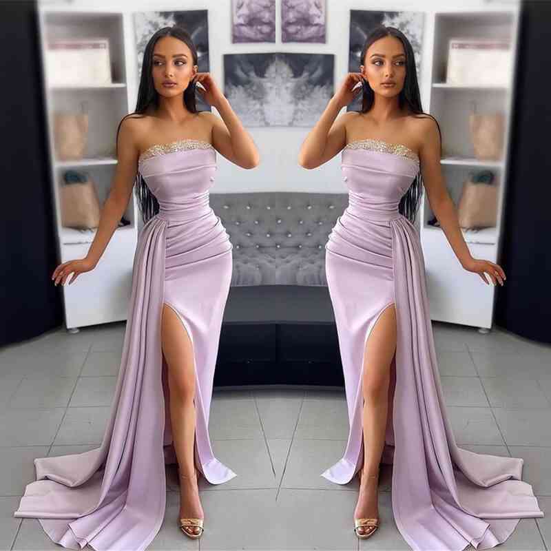 Gorgeous Long Satin Strapless Mermaid Evening Prom Dresses with Split - YESBABYONLINE