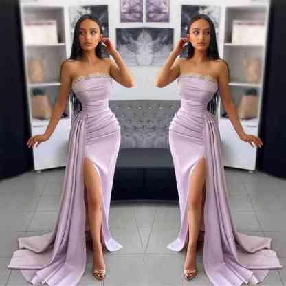 Gorgeous Long Satin Strapless Mermaid Evening Prom Dresses with Split - YESBABYONLINE