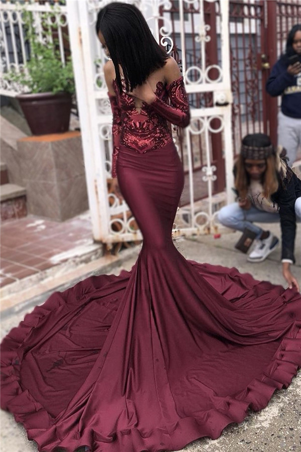Charming Long Sweetheart Sequins Mermaid Satin Prom Dress with Sleeves - YESBABYONLINE