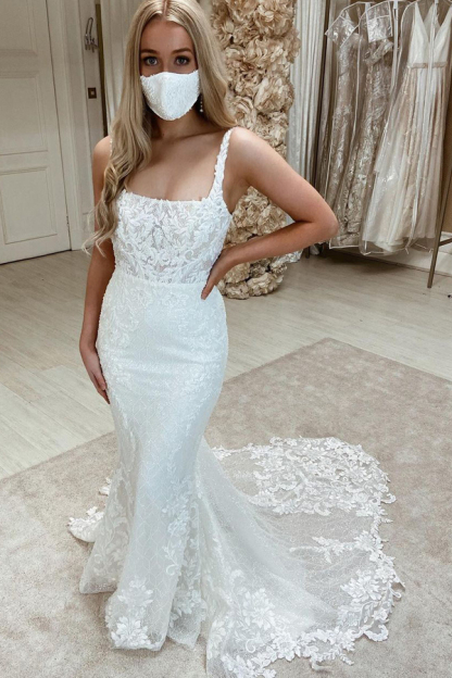 White Long Sleeveless Square Tulle Mermaid Wedding Dresses With Appliques - YESBABYONLINE