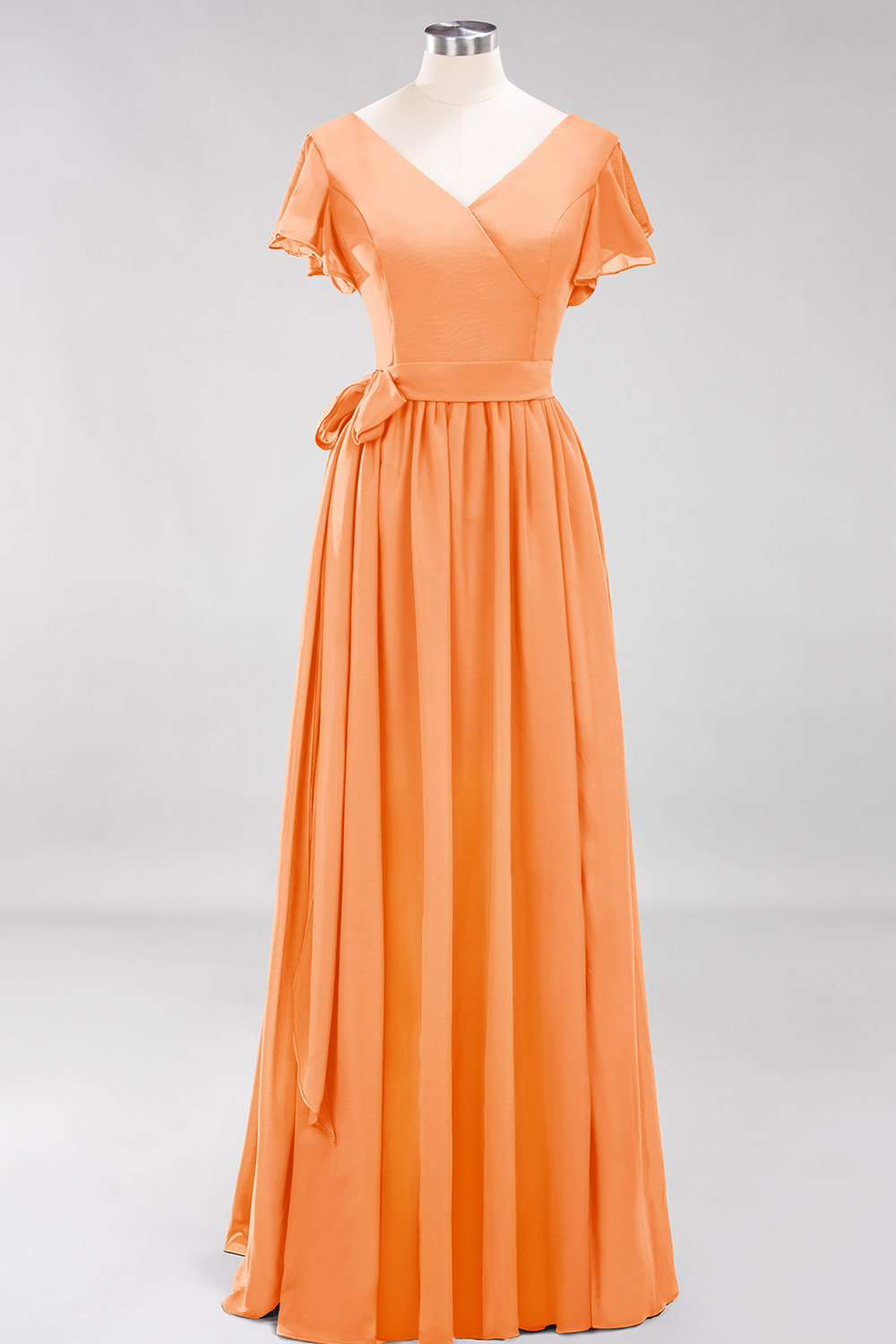 Elegant A-line V-Neck Short Sleeves Floor-Length Bridesmaid Dresses with Bow Sash - YESBABYONLINE