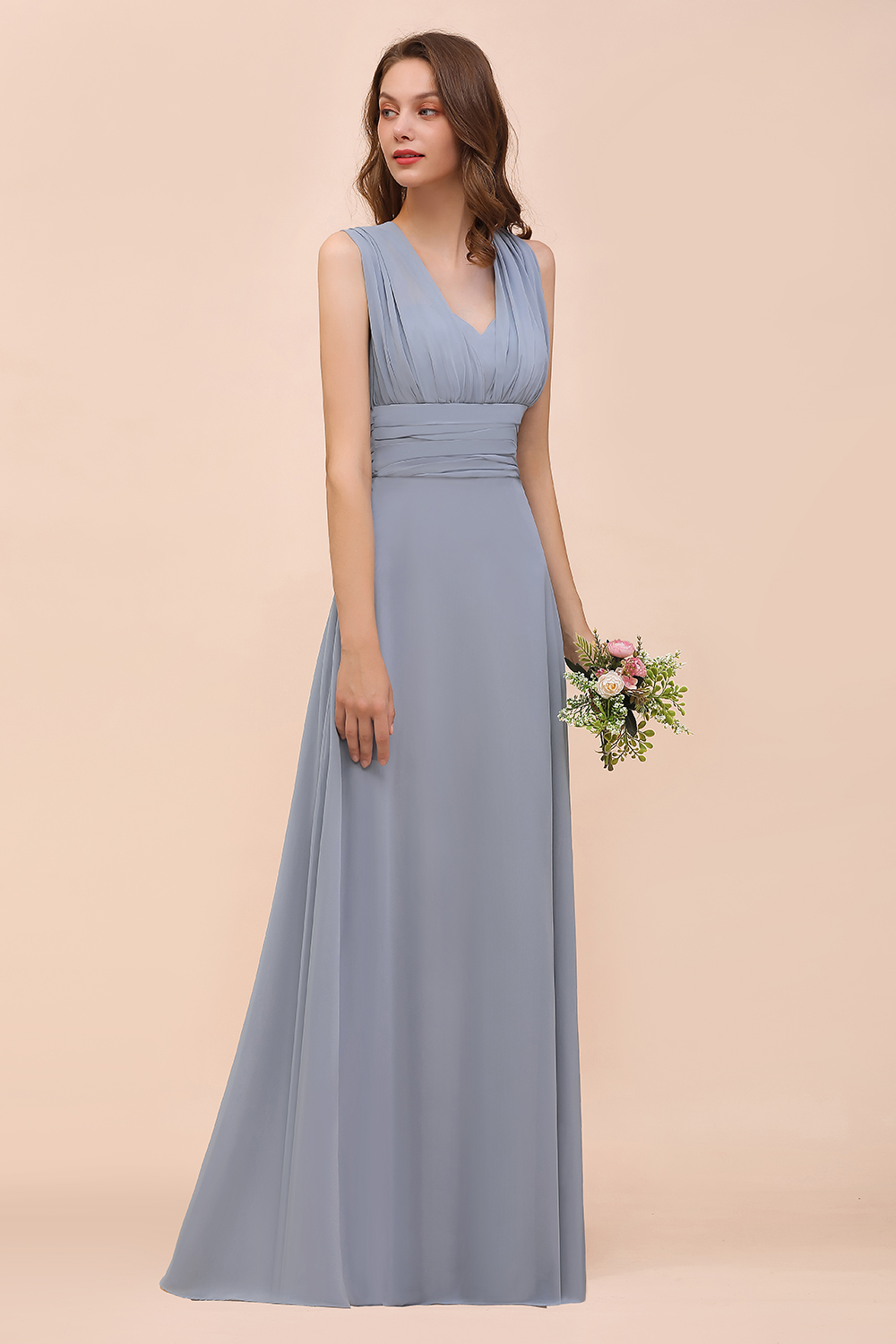 Dusty Blue Long A Line V Neck Chiffon Backless Convertible Bridesmaid Dresses - YESBABYONLINE