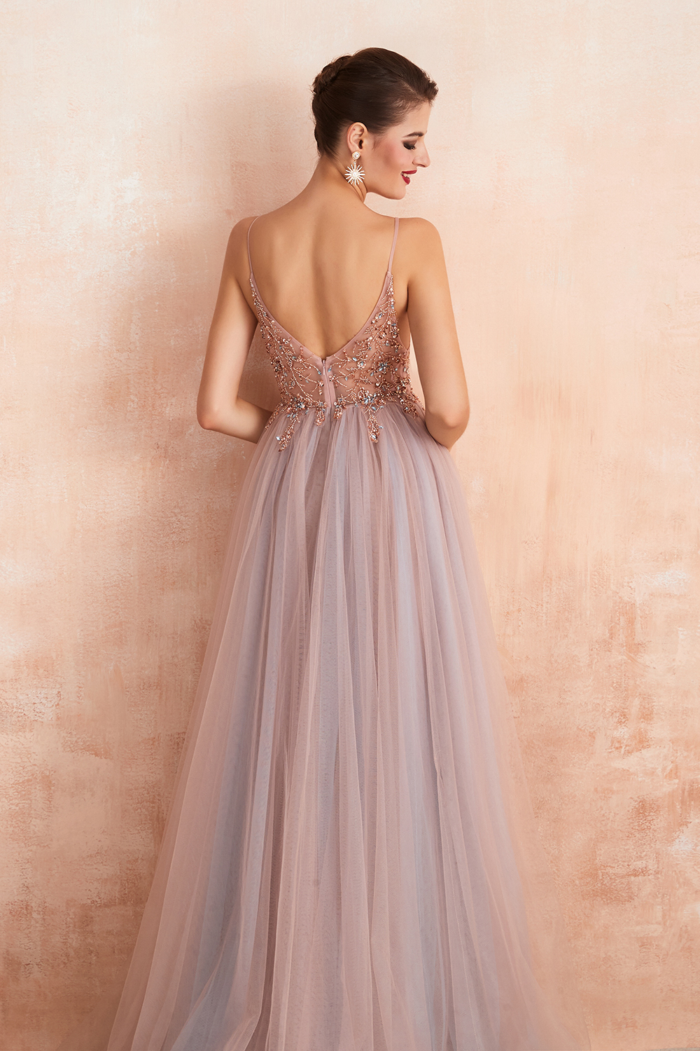 Long A-line Spaghetti Straps V-neck Tulle Backless Prom Dresses with Side Slit - YESBABYONLINE