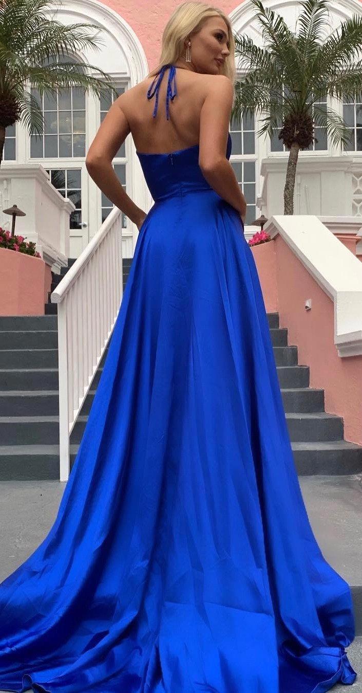 Long A-line Spaghetti Straps V-neck Satin Front Slit Formal Prom Dresses with Pockets - YESBABYONLINE