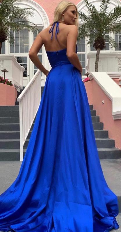 Long A-line Spaghetti Straps V-neck Satin Front Slit Formal Prom Dresses with Pockets - YESBABYONLINE