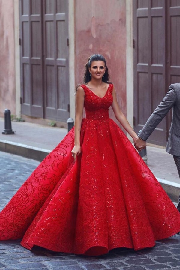 Red Straps Sweetheart Sequin Ball Gown Prom Dresses | Crystal Lace Evening Dresses - YESBABYONLINE