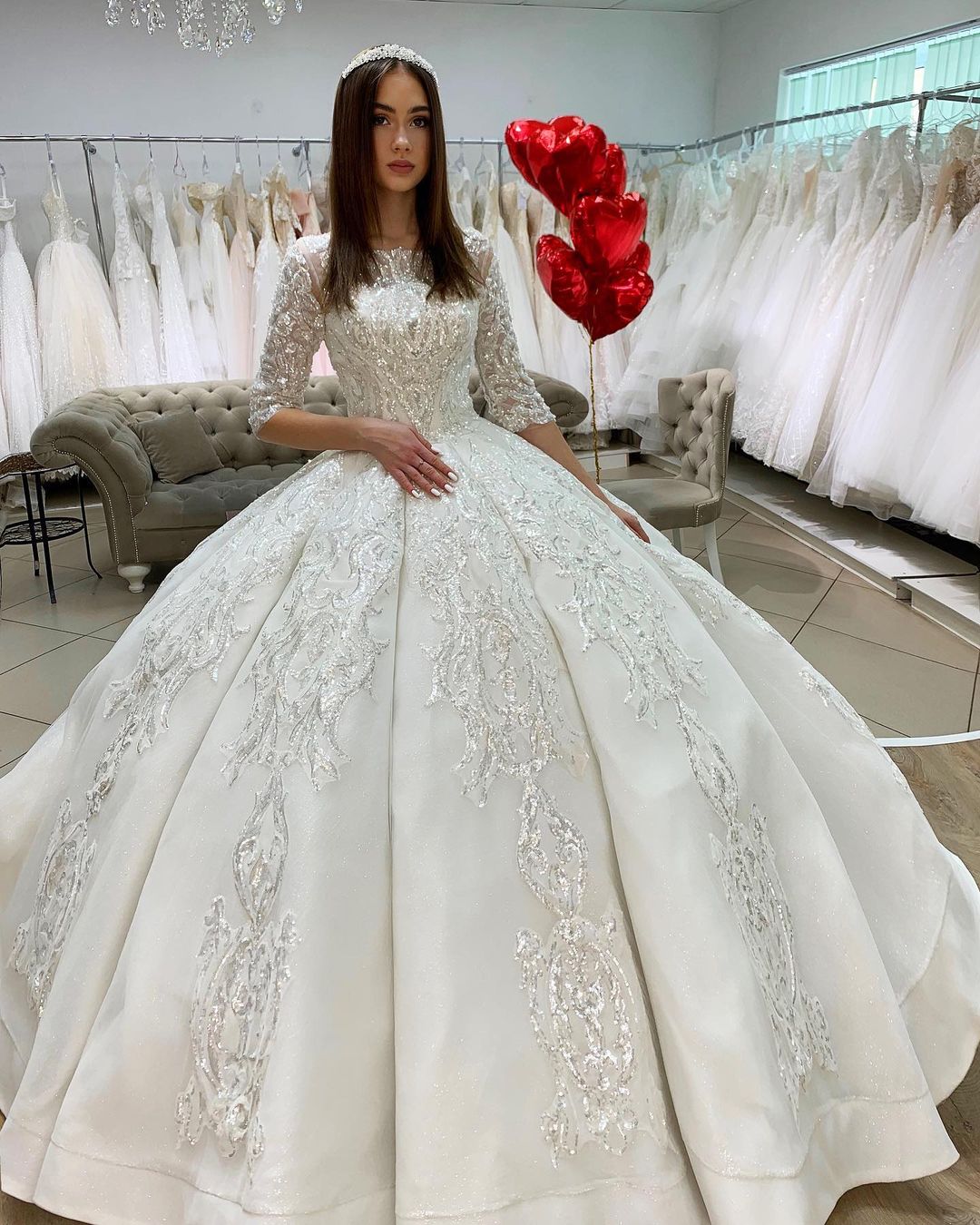Long Ball Gown Satin Lace Wedding Dresses with Sleeves - YESBABYONLINE