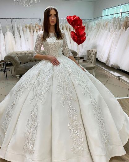 Long Ball Gown Satin Lace Wedding Dresses with Sleeves - YESBABYONLINE