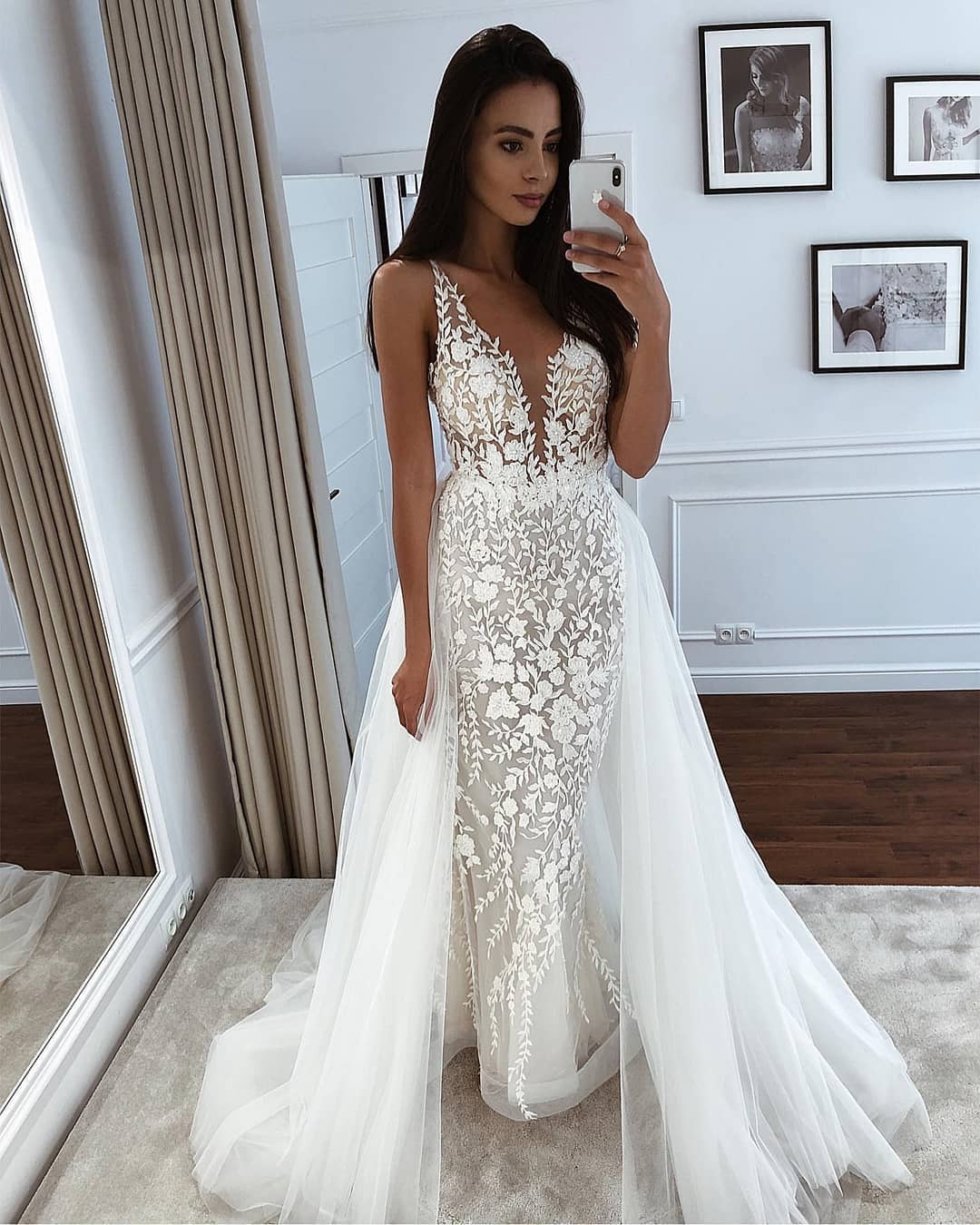 Long Straps V Neck Applique Lace Tulle Mermaid Wedding Dresses - YESBABYONLINE