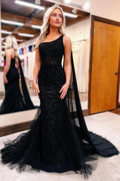 Elegant Long One Shoulder Sleeveless Black Mermaid Tulle Lace Prom Dresses - YESBABYONLINE