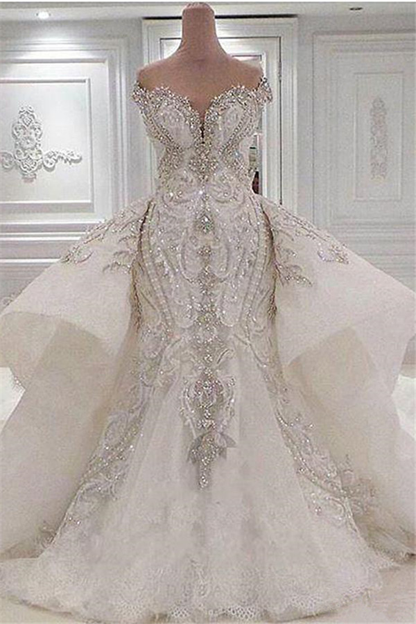 Long Off the Shoulder Tulle Applique Lace Mermaid Wedding Dresses With   YESBABYONLINE