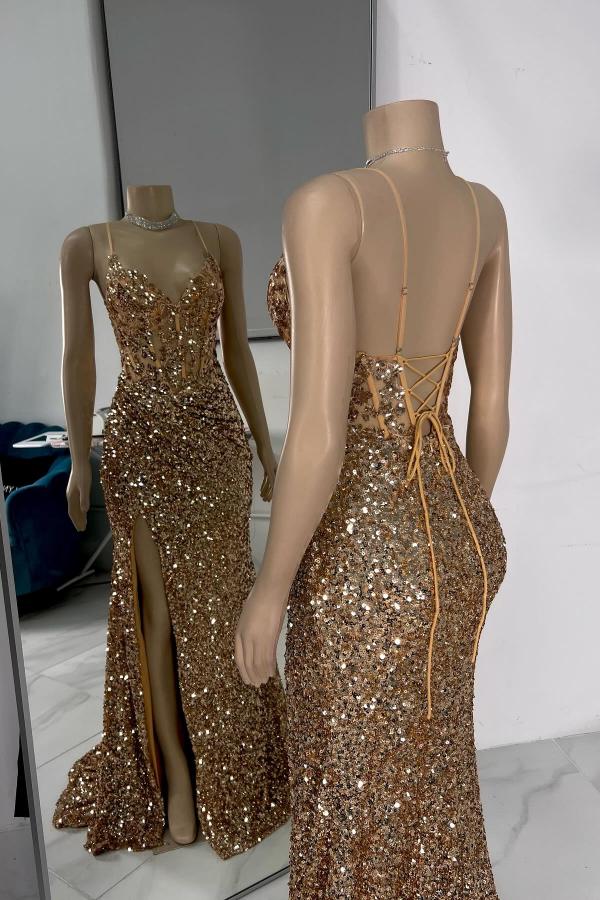 Spaghetti Straps V Neck Backless Mermaid Long Prom Dress with Sequins and Rhinestones