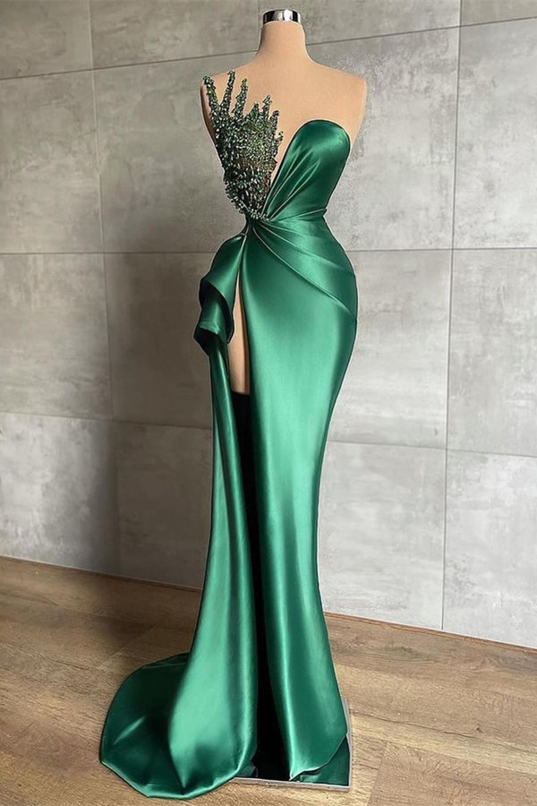 Long Mermaid Asymmetrical Sweetheart Satin Prom Dress with Slit - YESBABYONLINE