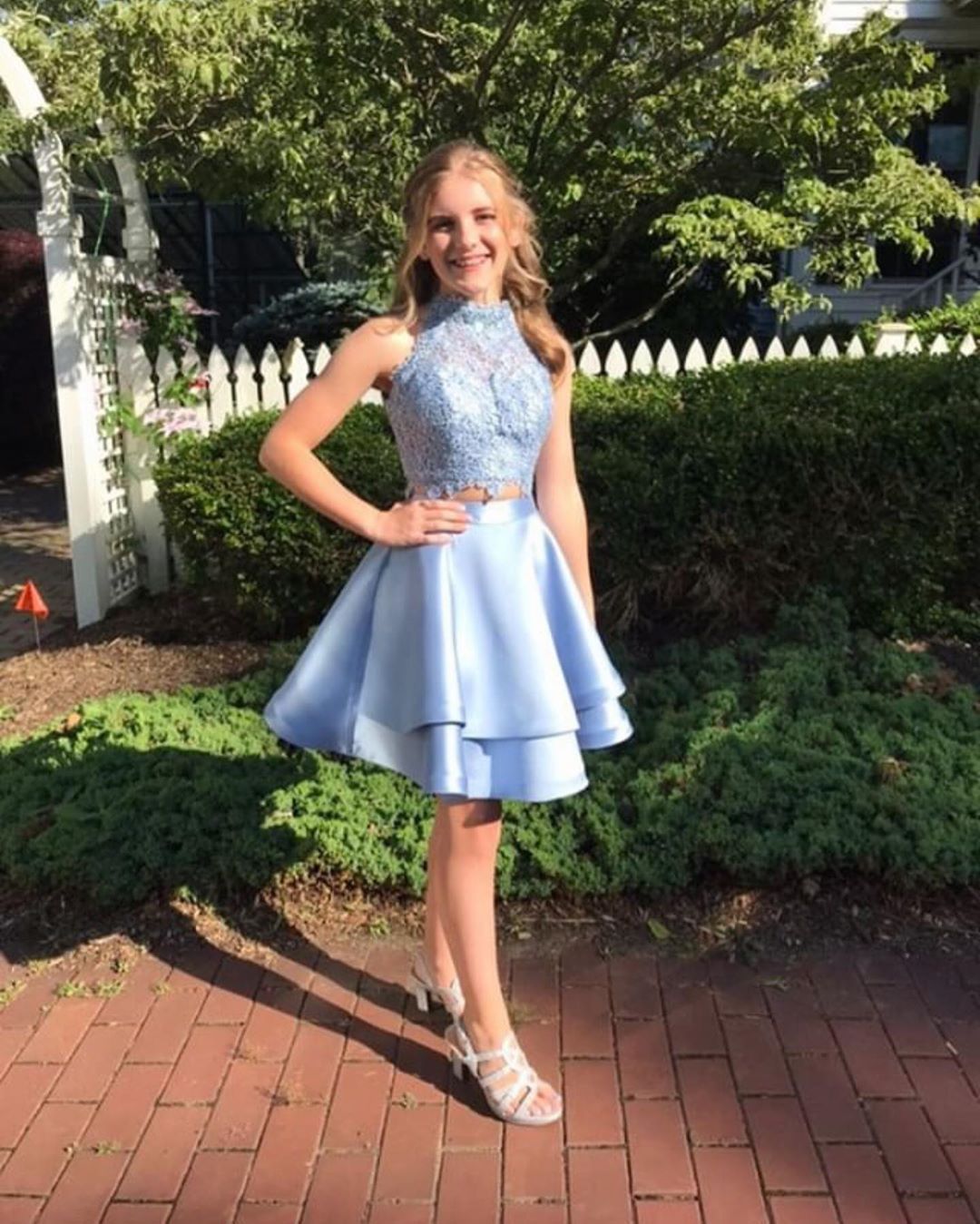 Cute Two Pieces A-line Halter Satin Lace Homecoming Dresses - YESBABYONLINE