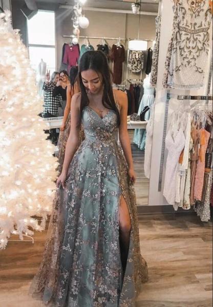 Sexy Long A-line Spaghetti Straps Sweetheart Appliques Lace Prom Dress With Side Slit - YESBABYONLINE