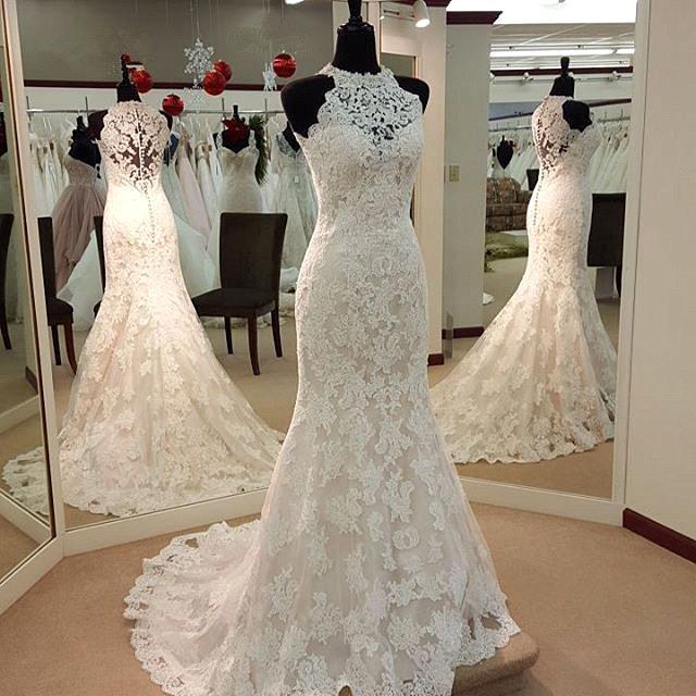 Long Mermaid High Neck Sleeveless Lace Appliques Wedding Dresses - YESBABYONLINE