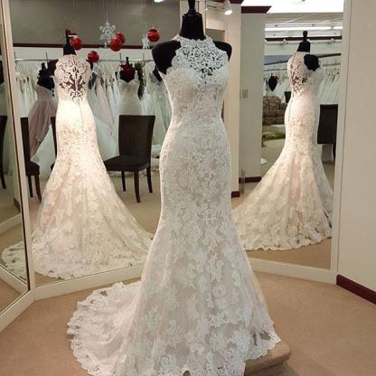 Long Mermaid High Neck Sleeveless Lace Appliques Wedding Dresses - YESBABYONLINE