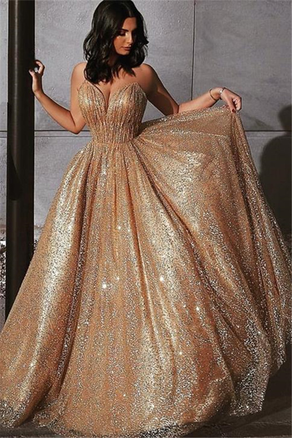 Champagne Elgant A-line Spaghetti Straps Backless Sequins Long Prom Dress - YESBABYONLINE