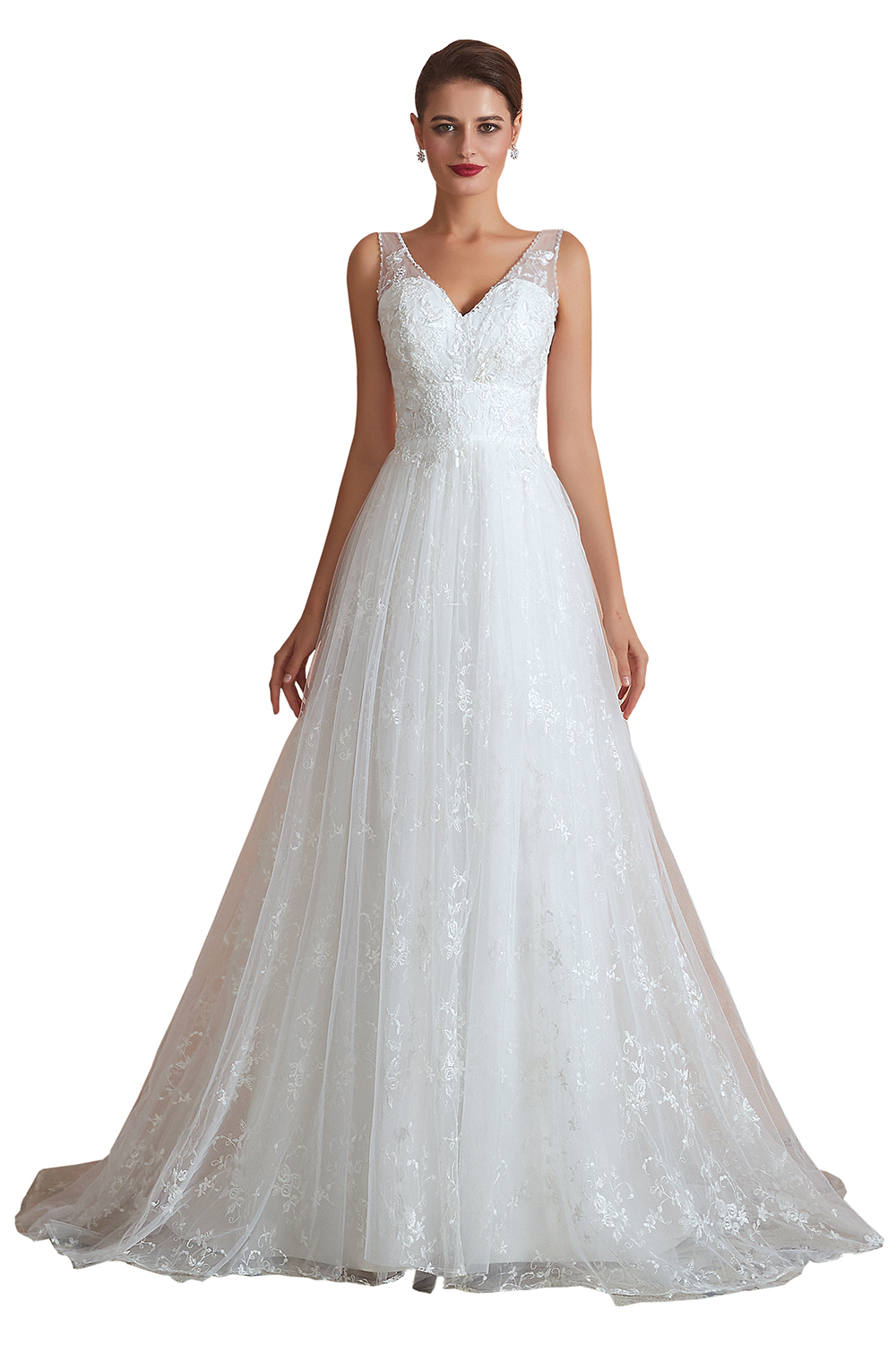Long A-line V-neck Tulle Lace Floor Length Sleeveless Wedding Dresses - YESBABYONLINE