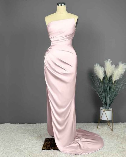 Elegant Long Strapless Sleeveless Mermaid Satin Prom Dresses with Slit - YESBABYONLINE