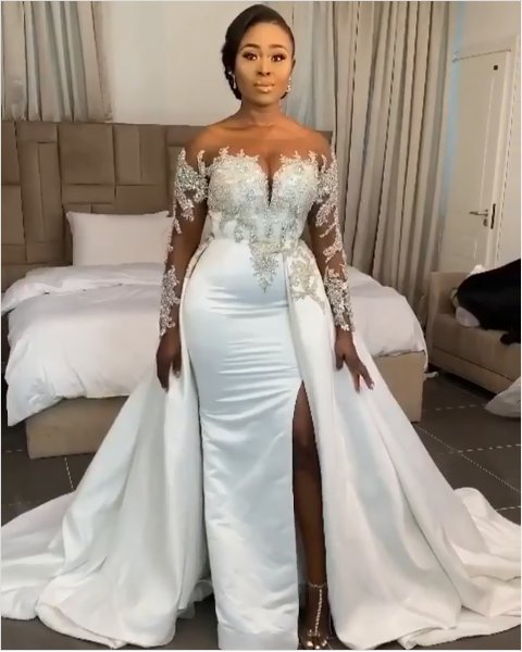 Long Sleeves Mermaid Satin Lace Sweep Train Wedding Dresses with Slit - YESBABYONLINE