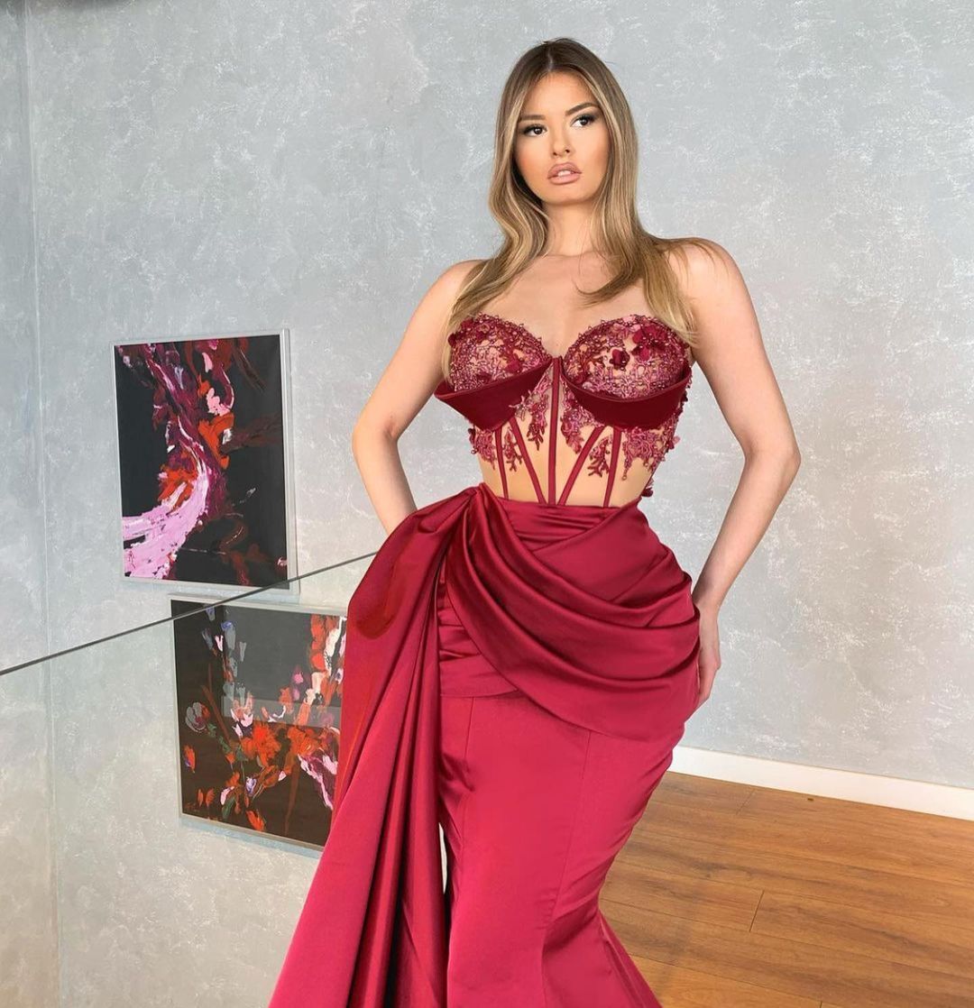 Luxury Burgundy Long Mermaid Strapless Ruffles Satin Lace Prom Dresses - YESBABYONLINE