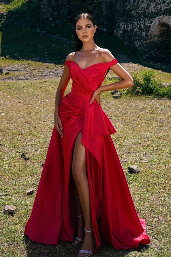 Sexy Red Long Off-the-shoulder Sweetheart Floor-length Ruffles Split A-Line Prom Dress - YESBABYONLINE