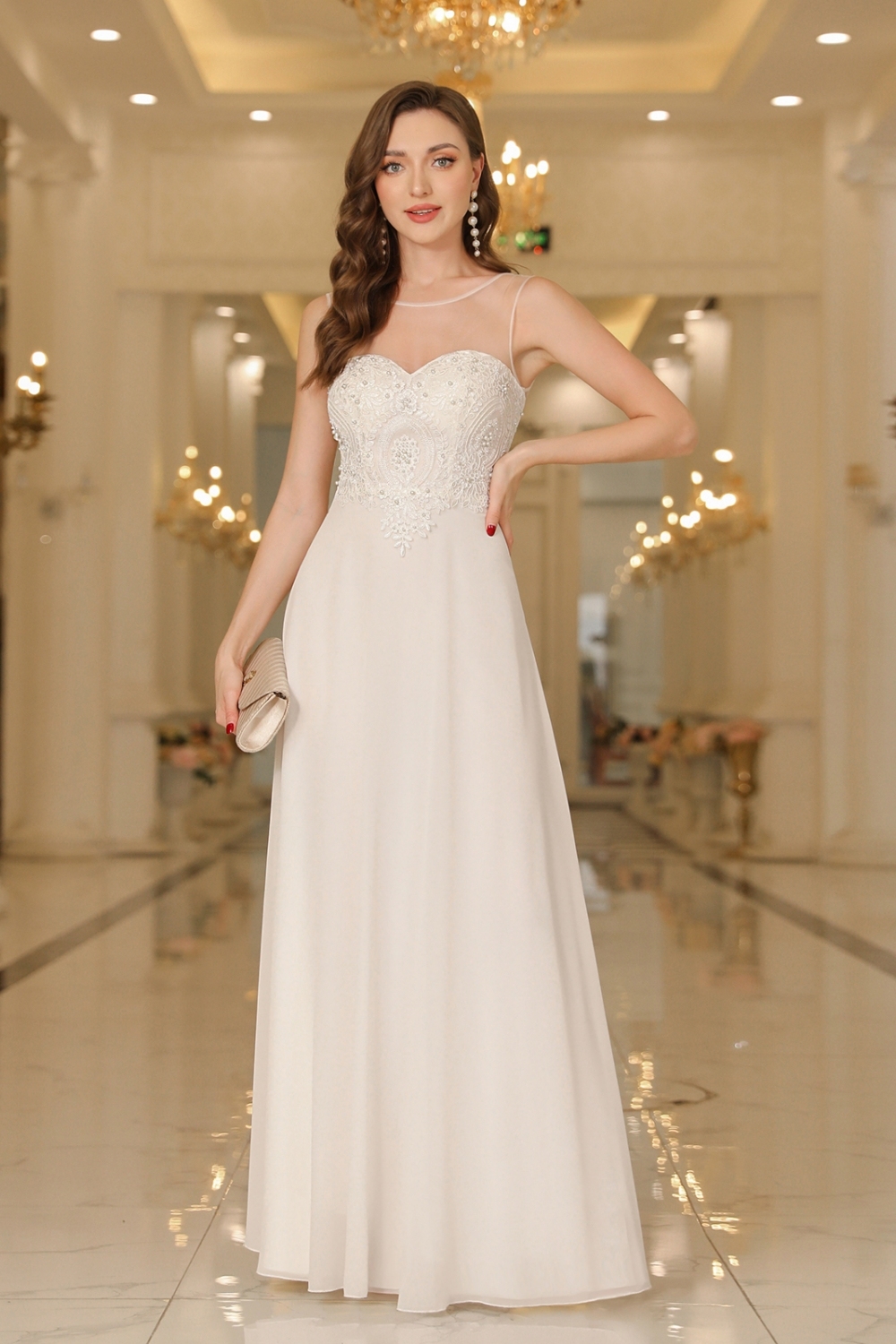 Elegant Long A-Line Lace Chiffon Floor Length Sleeveless Prom Dresses - YESBABYONLINE