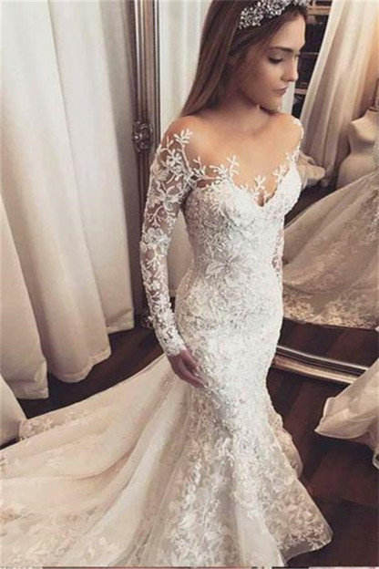 Long Mermaid Off the Shoulder Tulle Appliques Lace Wedding Dress with Sleeves - YESBABYONLINE