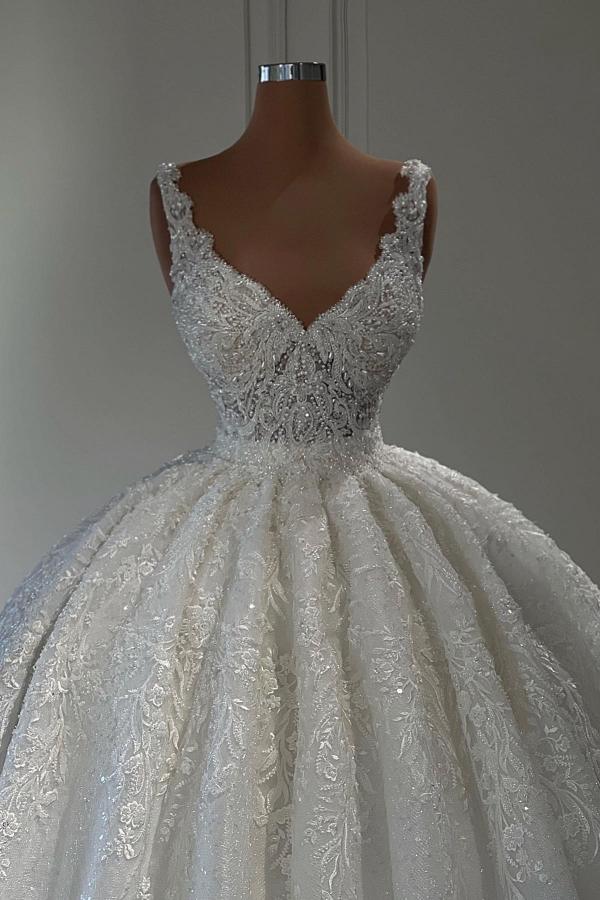 Charming Long Sweetheart Sleeveless Lace Ball Gown Wedding Dress with Ruffles - YESBABYONLINE