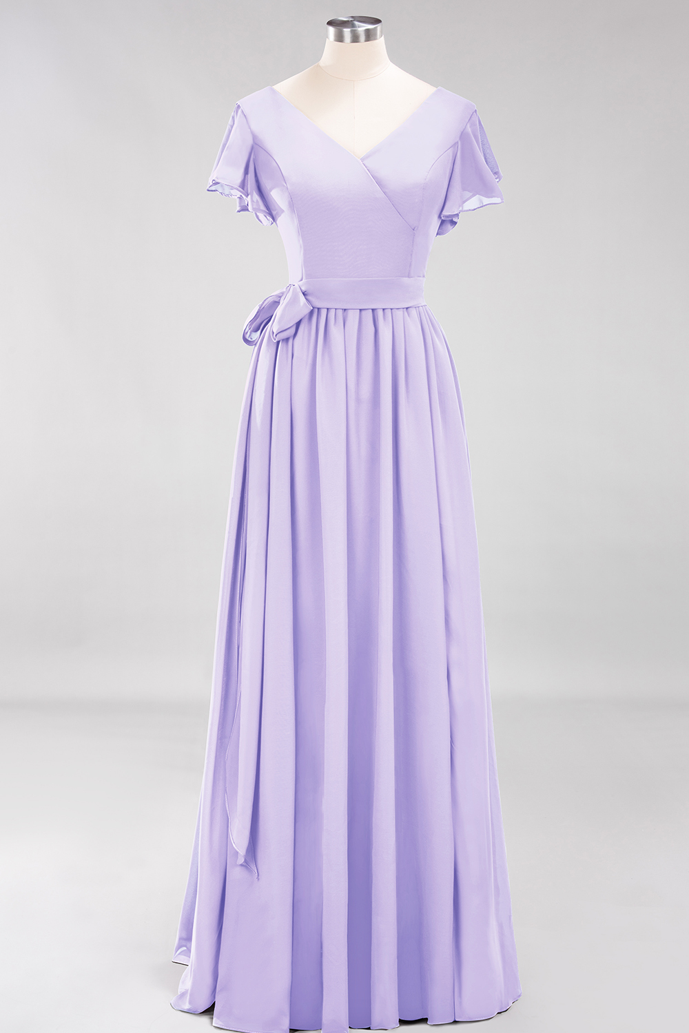 Elegant A-line V-Neck Short Sleeves Floor-Length Bridesmaid Dresses with Bow Sash - YESBABYONLINE
