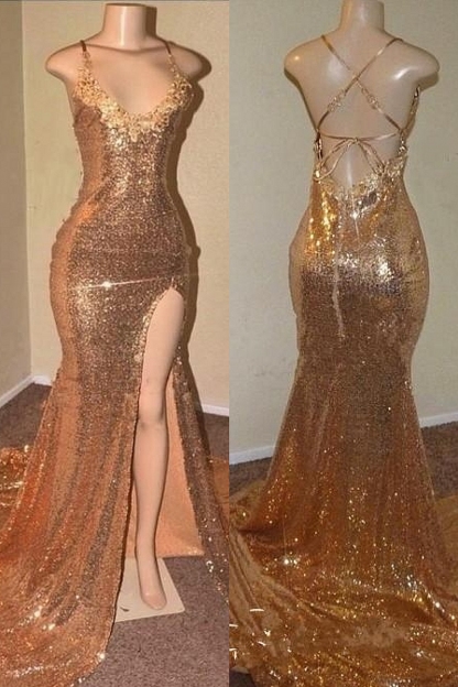 Long V-neck Sequins Sleeveless Front Slit Floor Length Mermaid Prom Dresses with Slit - YESBABYONLINE