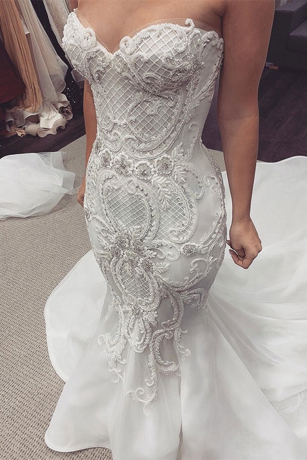 Sexy Long Sweetheart Backless Lace Tulle Mermaid Wedding Dresses - YESBABYONLINE