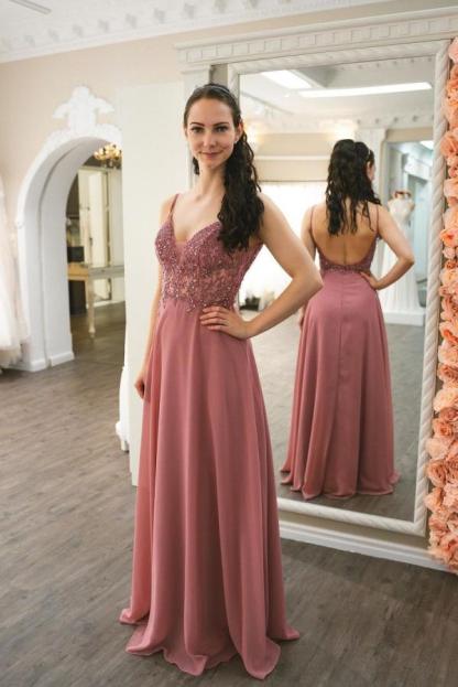 Long A-line V-neck Spaghetti Straps Ruffles Chiffon Prom Dresses With Appliques Lace - YESBABYONLINE