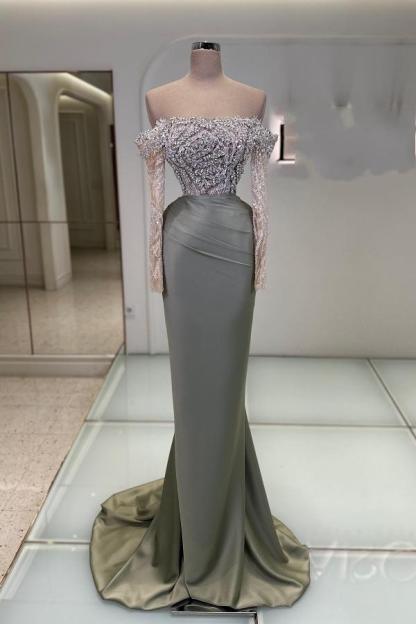 Long Sleeves Sequined Off the Shoulder Satin Mermaid Prom Dresses - YESBABYONLINE