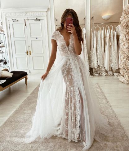 Long A-line V-neck Lace Tulle Wedding Dresses with Slit - YESBABYONLINE