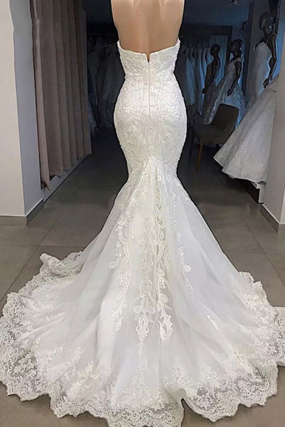 Long Mermaid Off the Shoulder Tulle Lace Wedding Dresses - YESBABYONLINE