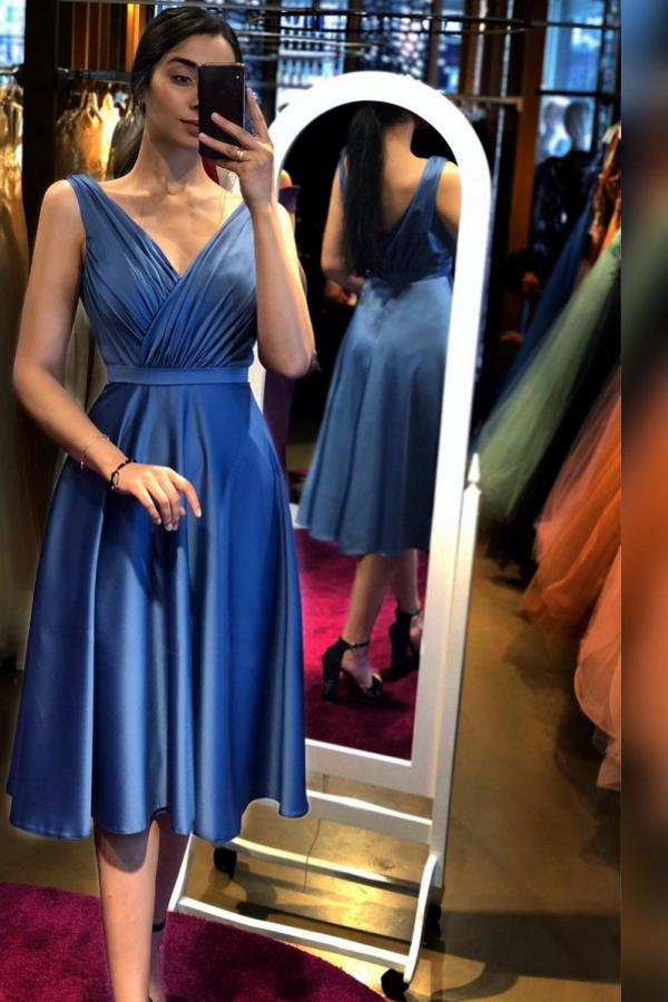 Elegant Short A-line V-neck Knee-length Open Back Satin Prom Dress - YESBABYONLINE