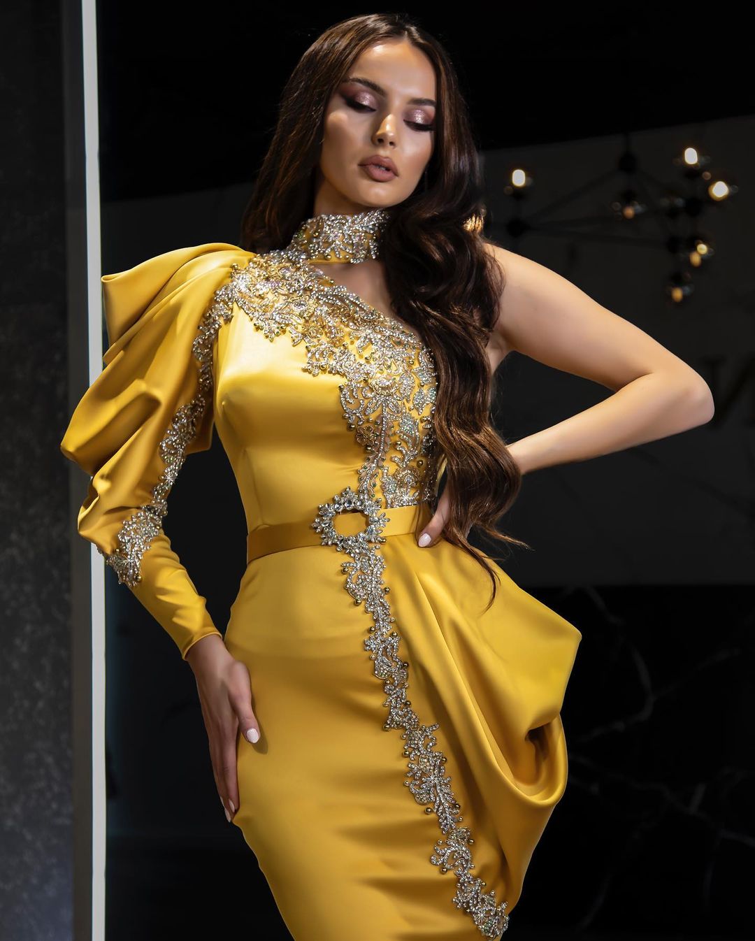 Sexy Yellow Long One Shoulder Satin Mermaid Prom Dress with Sleeves - YESBABYONLINE