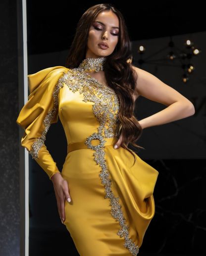 Sexy Yellow Long One Shoulder Satin Mermaid Prom Dress with Sleeves - YESBABYONLINE