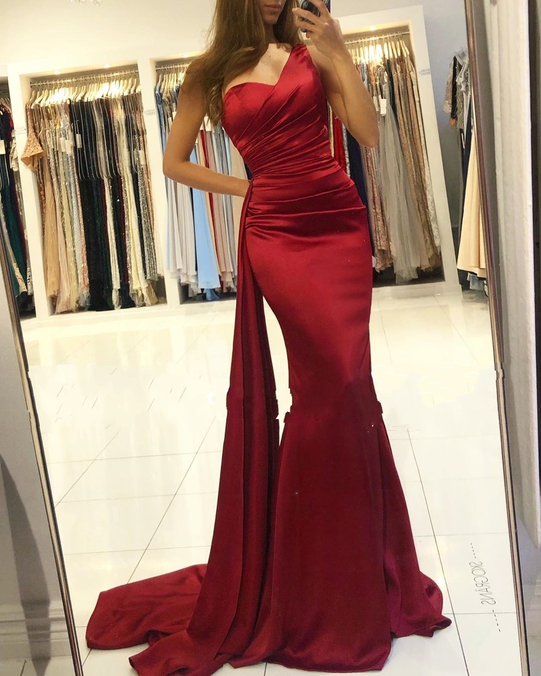 Charming Long Mermaid One Shoulder Asymmetrical Satin Prom Dress - YESBABYONLINE