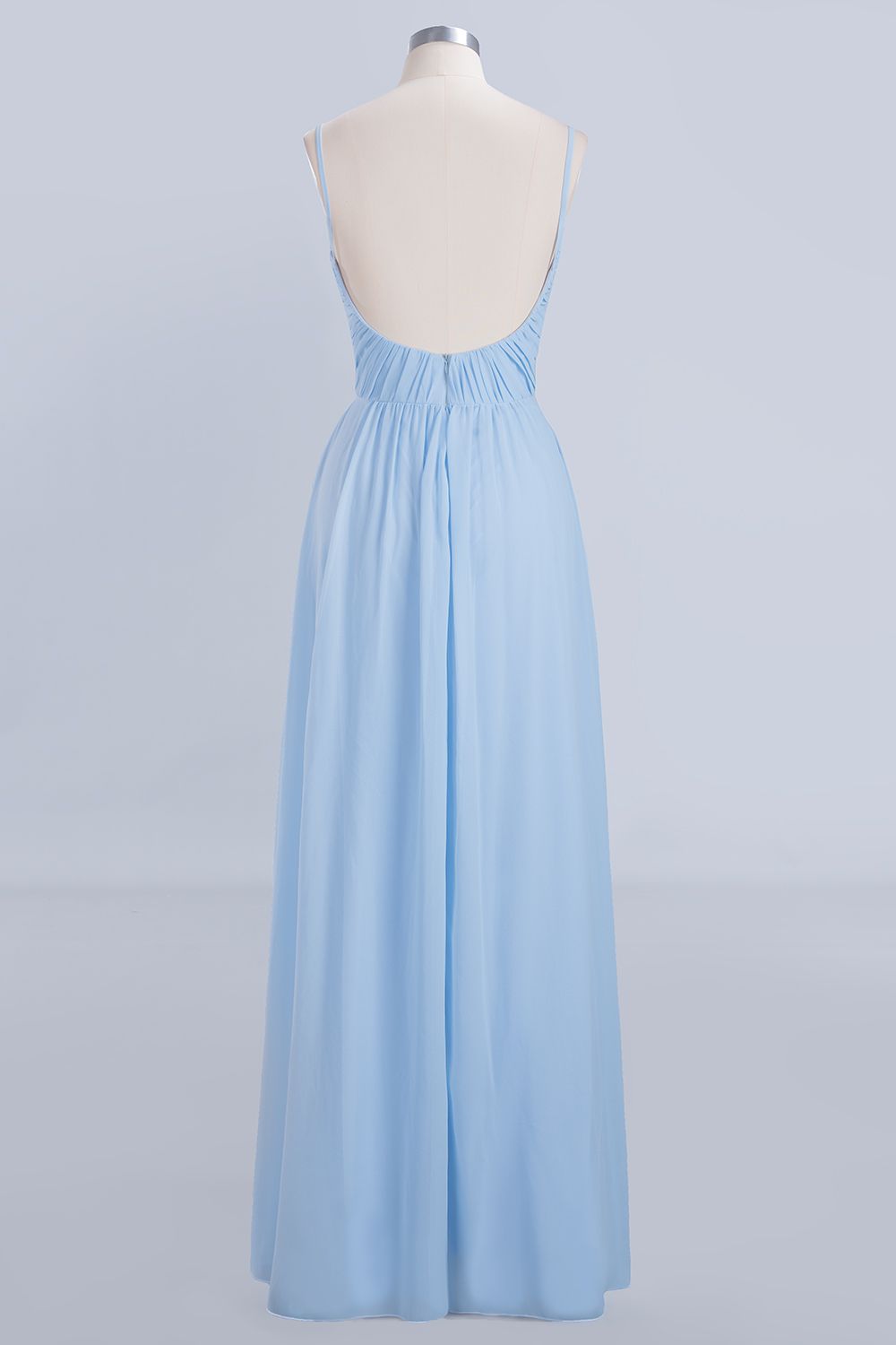 Sky Blue Long A-Line V-Neck Spaghetti Straps Floor-Length Chiffon Bridesmaid Dresses - YESBABYONLINE