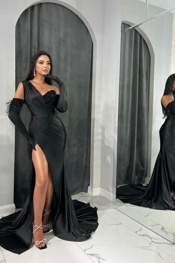 Black Long Mermaid One Shoulder Asymmetrical Sleeveless Prom Dress with Slit - YESBABYONLINE