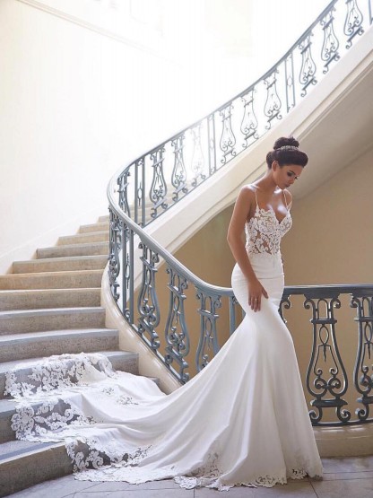 Sexy Long Mermaid Chiffon Lace Spaghetti Strap Backless Wedding Dress - YESBABYONLINE