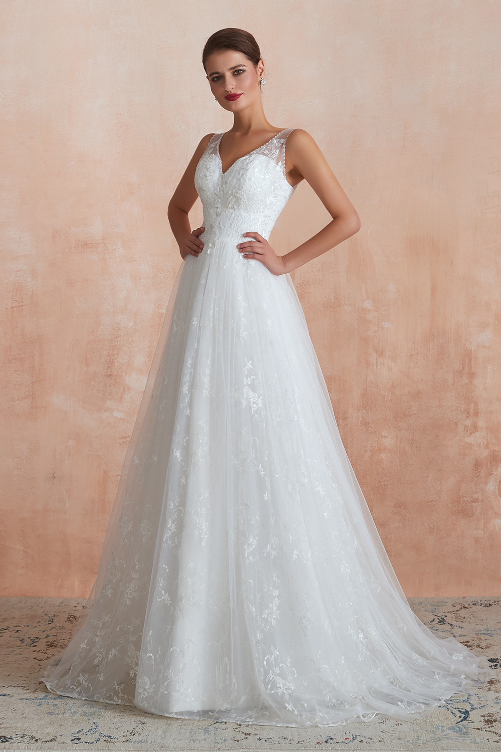 Long A-line V-neck Tulle Lace Floor Length Sleeveless Wedding Dresses - YESBABYONLINE