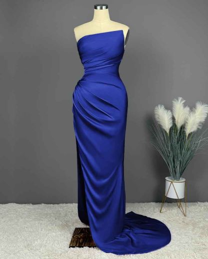 Elegant Long Strapless Sleeveless Mermaid Satin Prom Dresses with Slit - YESBABYONLINE