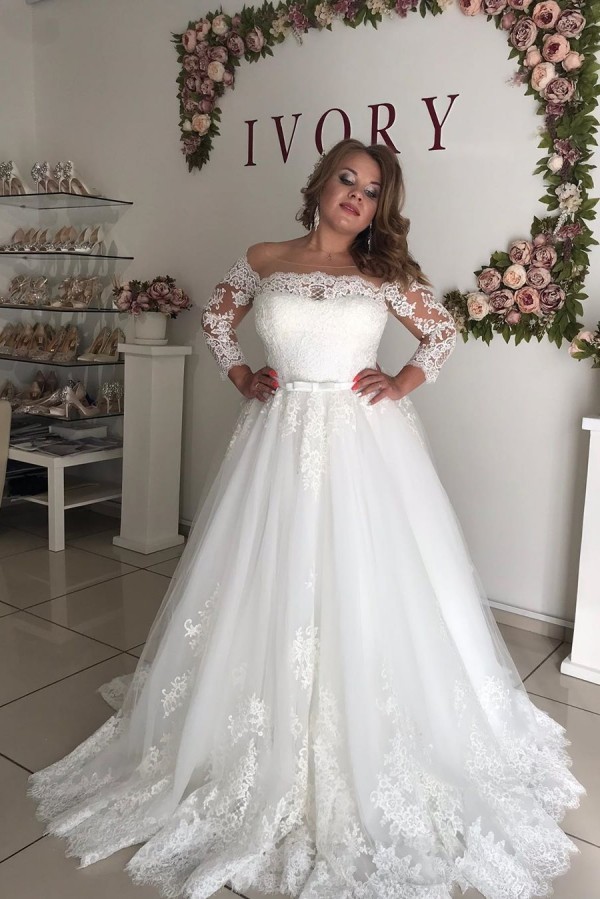 Long Sleeves Off The Shoulder A Line Tulle Lace Wedding Dresses - YESBABYONLINE